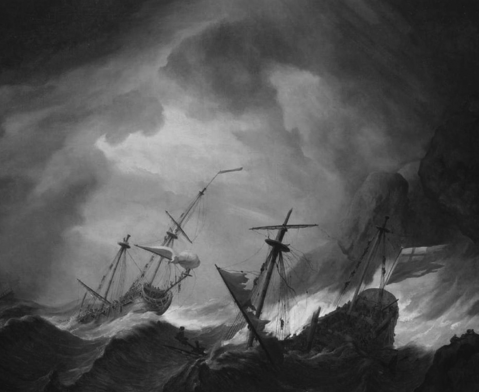 Figura 1. Navios ingleses em uma tempestade, por Willem Van de Velde II. Os marinheiros trabalham em meio a velas em farrapos, mastros quebrados e cordames desfiados e emaranhados, num esforço desesperado para diminuir a resistência do navio ao vento.